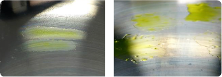 Side by side comparison of penetrant wetting on a metal surface, with smooth even spreading indicating good wettability on the left and patchy uneven beading indicating poor wettability on the right.