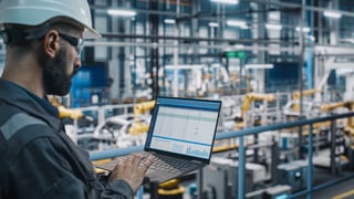 Worker overseeing a manufacturing factory while working on a laptop